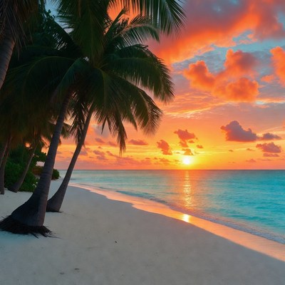 Tropical Beach Sunset with Palm Trees