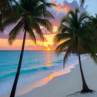 Palm Trees on Tropical Beach at Sunset