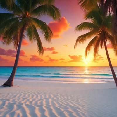 Tropical Beach Sunset with Palm Trees