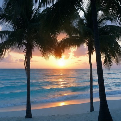 Palm Trees at Tropical Sunset Beach