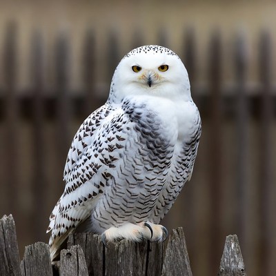 Snowy Owl Perched on Wooden Fence