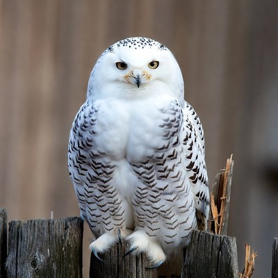 Snowy Owl Perched on Wooden Fence