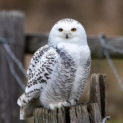 Snowy Owl Perched on Wooden Post