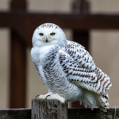 Snowy Owl Perched on Wooden Post
