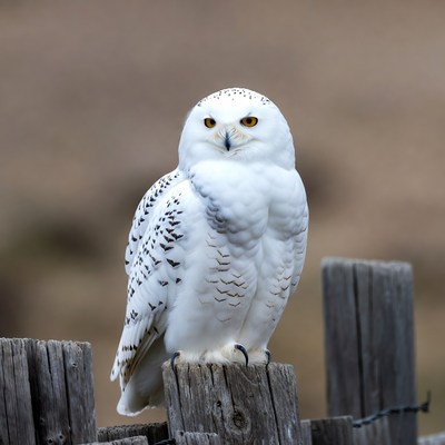 Snowy Owl Perched on Wooden Fence