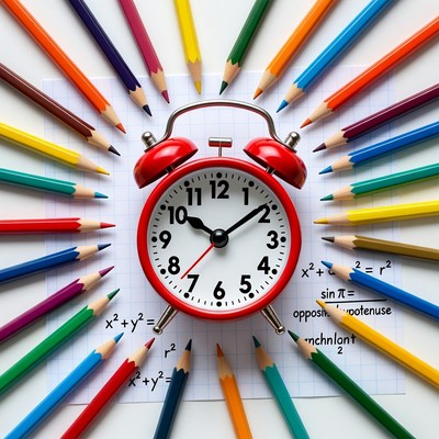 Colorful Pencils Around Red Alarm Clock