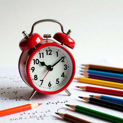 Red Alarm Clock with Colored Pencils