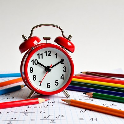 Red Alarm Clock with Colored Pencils