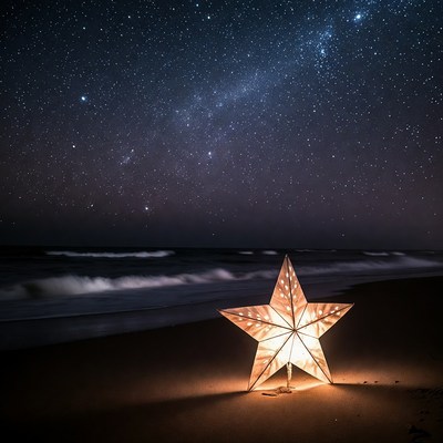 Illuminated Star Lantern on Beach