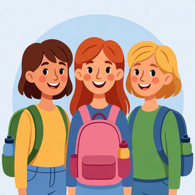 Three girls with backpacks smiling