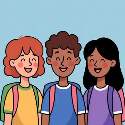 Three diverse kids smiling with backpacks