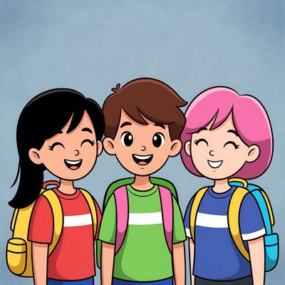 Three smiling kids with backpacks