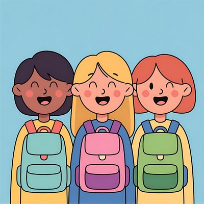 Three happy girls with backpacks
