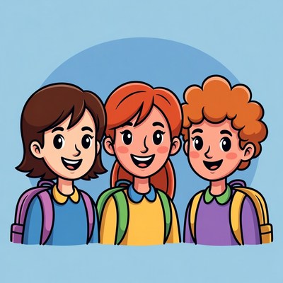 Three cartoon kids with backpacks