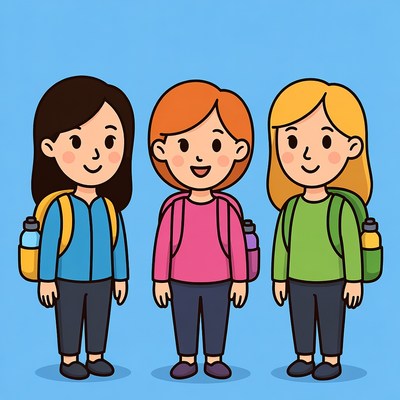 Three girls with backpacks illustration