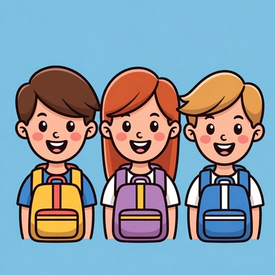 Three cartoon kids with backpacks