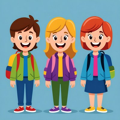 Three cartoon kids with backpacks