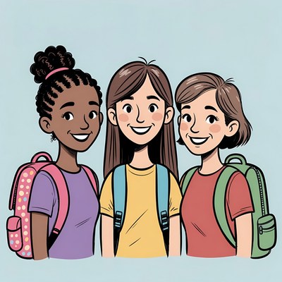 Three girls with backpacks smiling