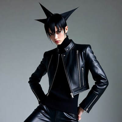 Woman with spiky black hair in leather jacket