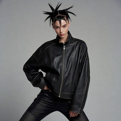 Woman with spiked hair in leather jacket