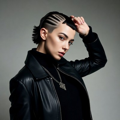 Woman with undercut braids in leather jacket