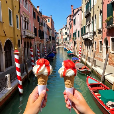 Hands Holding Strawberry Ice Cream Cones Venice Canal