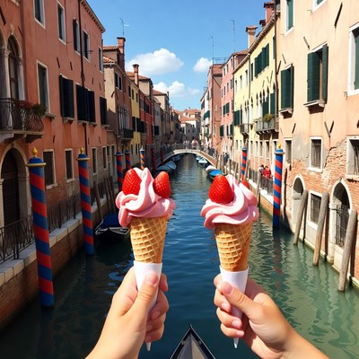 Hands Holding Strawberry Ice Cream Cones Venice Canal