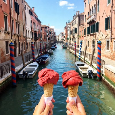 Hands Holding Gelato Cones over Venice Canal