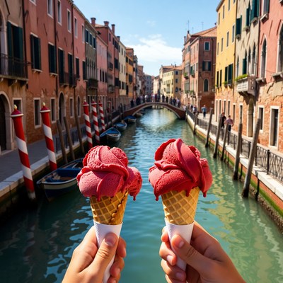 Two strawberry gelato cones Venice canal