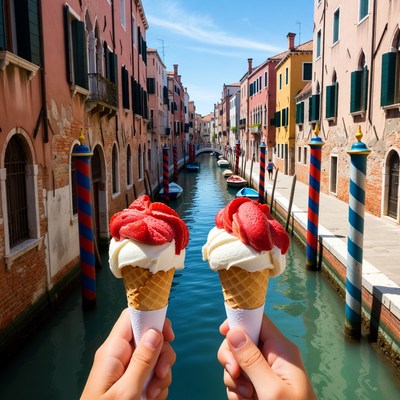 Hands Holding Gelato Cones in Venice Canal