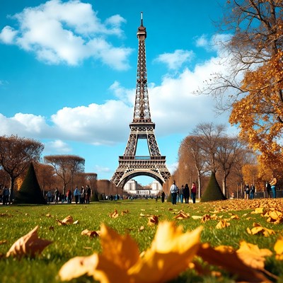 Eiffel Tower with Fall Leaves and Tourists