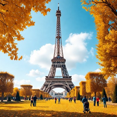 Eiffel Tower in Autumn with People