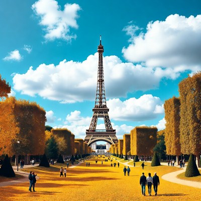 Eiffel Tower in Autumn with People