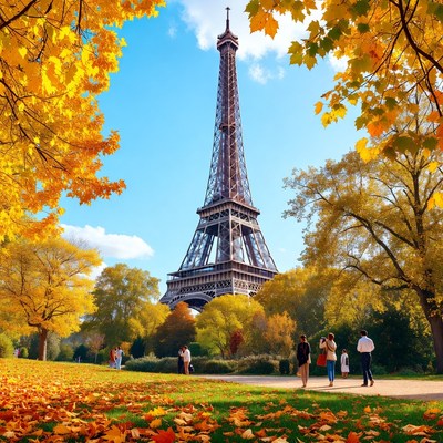 Eiffel Tower in Autumn with People