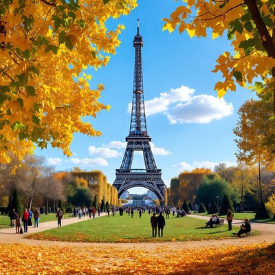 Eiffel Tower in Autumn with People