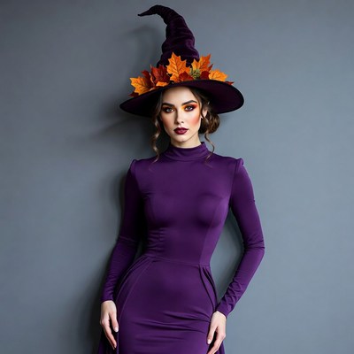 Woman in purple witch hat with autumn leaves
