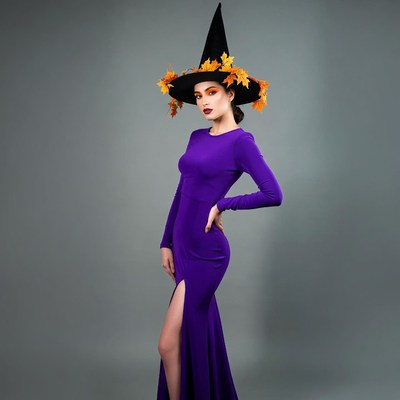 Woman in purple witch dress with autumn leaves hat