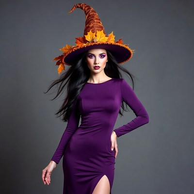 Woman in purple witch hat dress