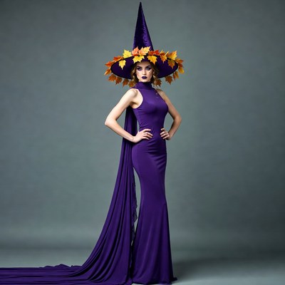 Woman in purple witch dress with autumn hat