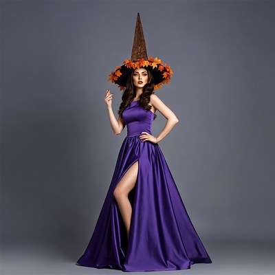 Woman in purple witch dress with hat