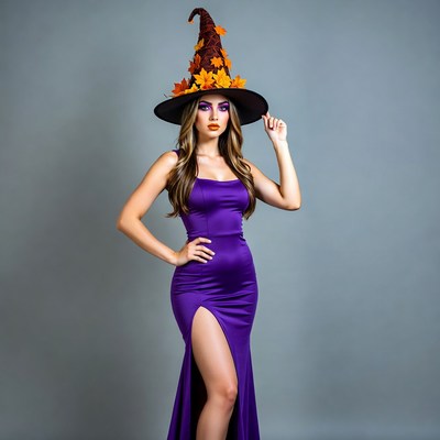 Woman in purple witch dress and hat