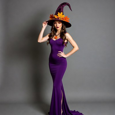 Woman in purple witch hat dress