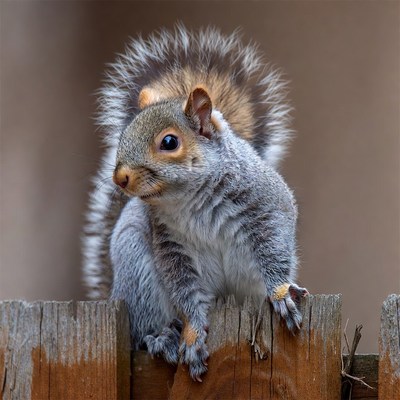 Gray squirrel on wooden fence