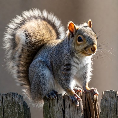 Squirrel perched on wooden fence