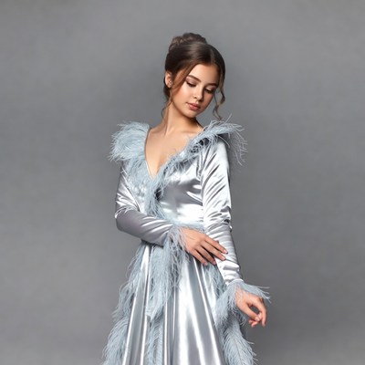 Woman in silver feathered dress