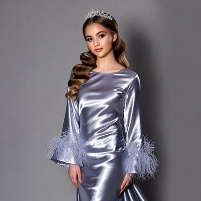 Woman in silver feathered dress with tiara