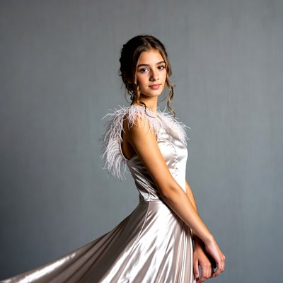 Teen girl in feathered silver dress