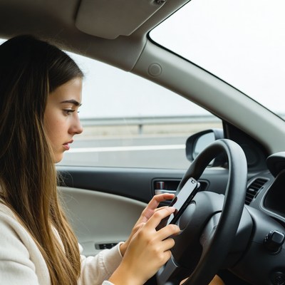 Woman driving car using phone