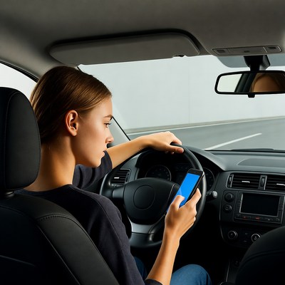 Woman driving car using phone