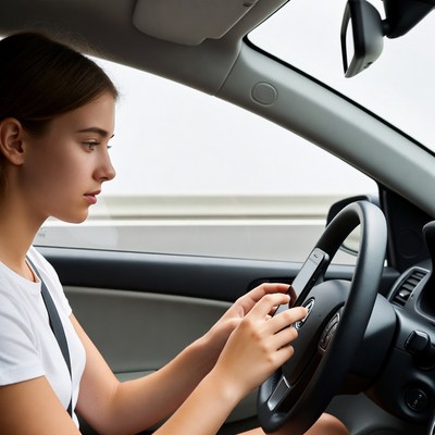 Young woman texting while driving